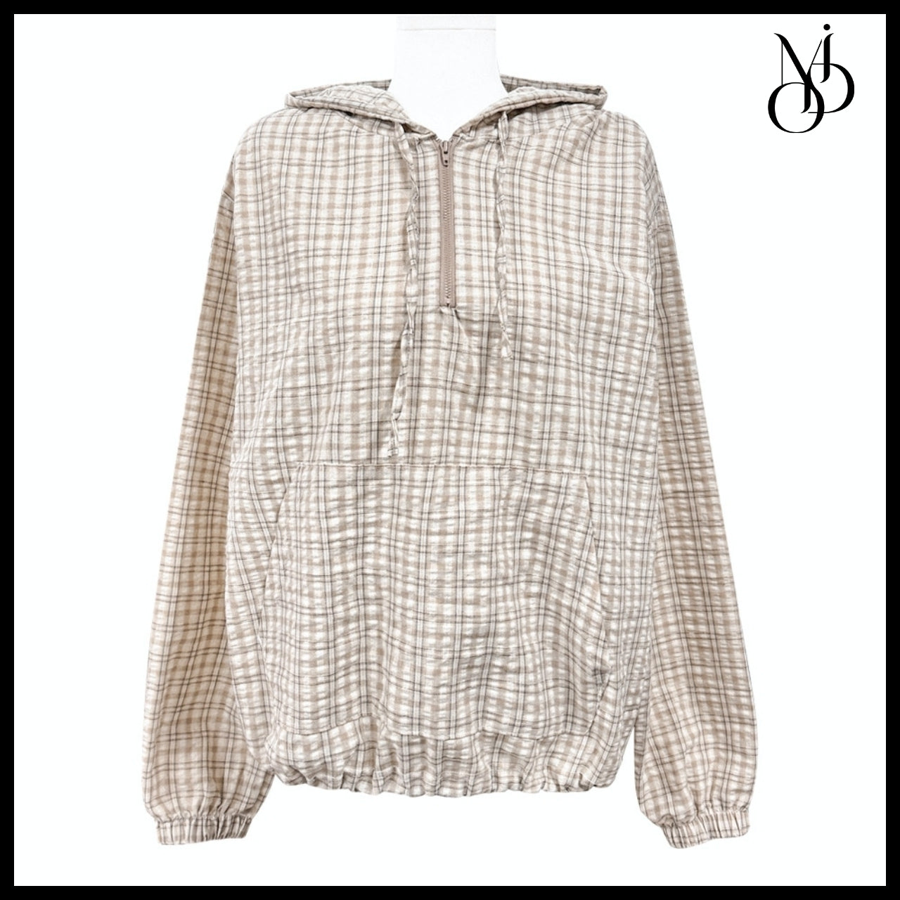 【MODIMOOD】Bay Check Windbreaker Hoodie Half Zip-Up 4Colors