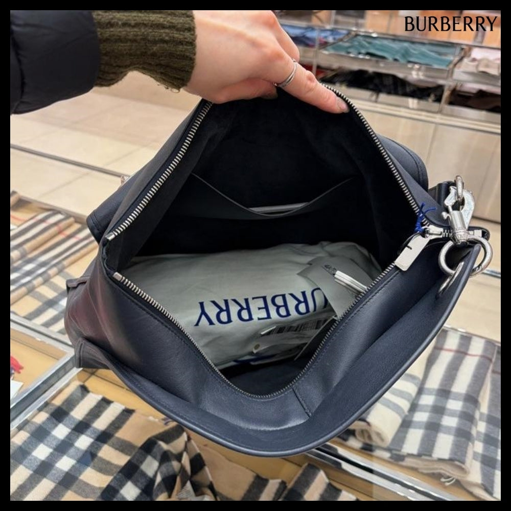 【Burberry】Shield Twin Logo Leather Tote Bag Indigo