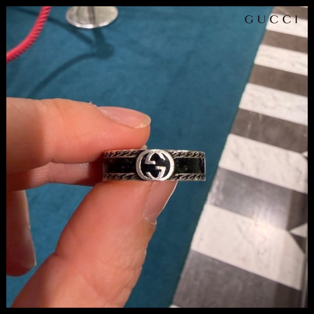 【GUCCI】Interlocking G Logo Enamel Metal Ring Black