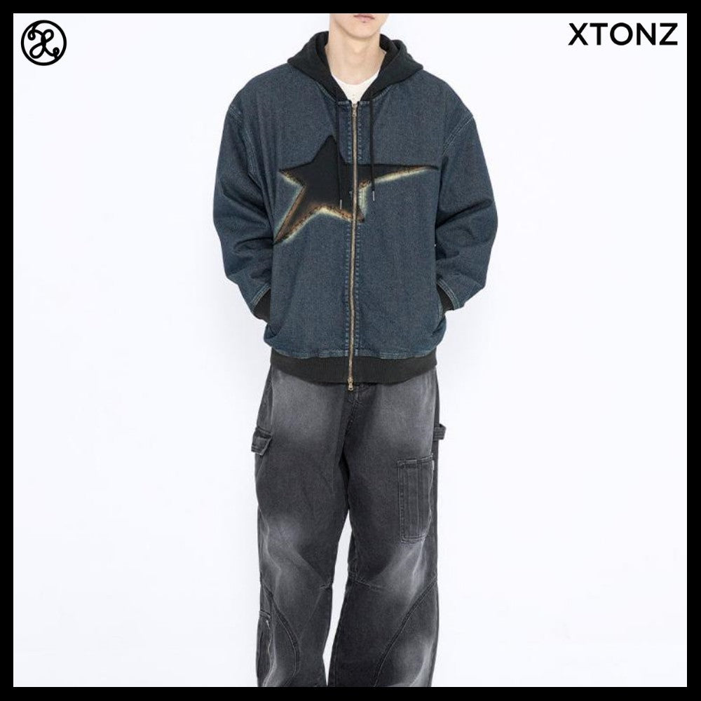 【XTONZ】VINTAGE WASHING STAR DENIM HOODED ZIP-UP 2COLORS
