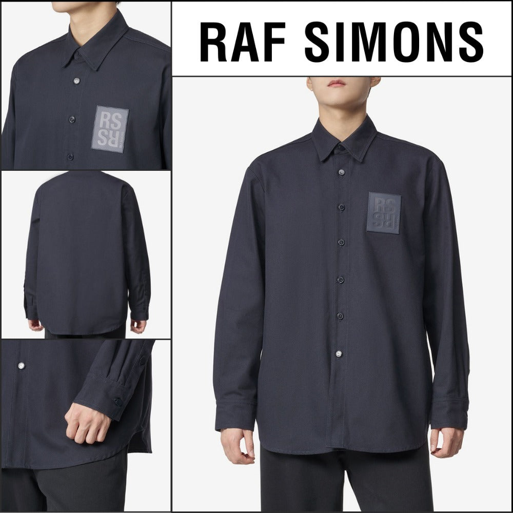 【RAF SIMONS】Straight Fit Leather Patch Denim Shirt Dark