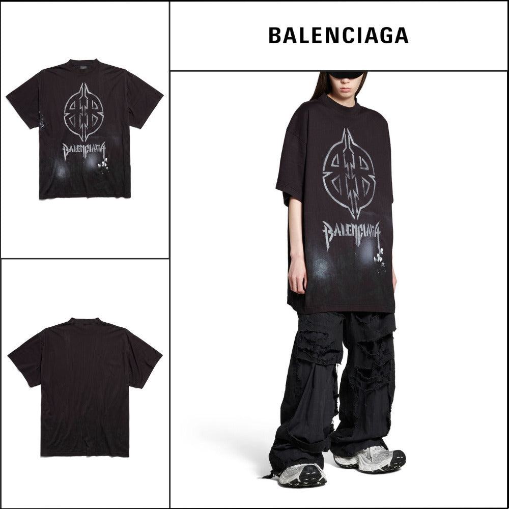 【BALENCIAGA】Black/White Metal BB Stencil Oversized T-Shirt