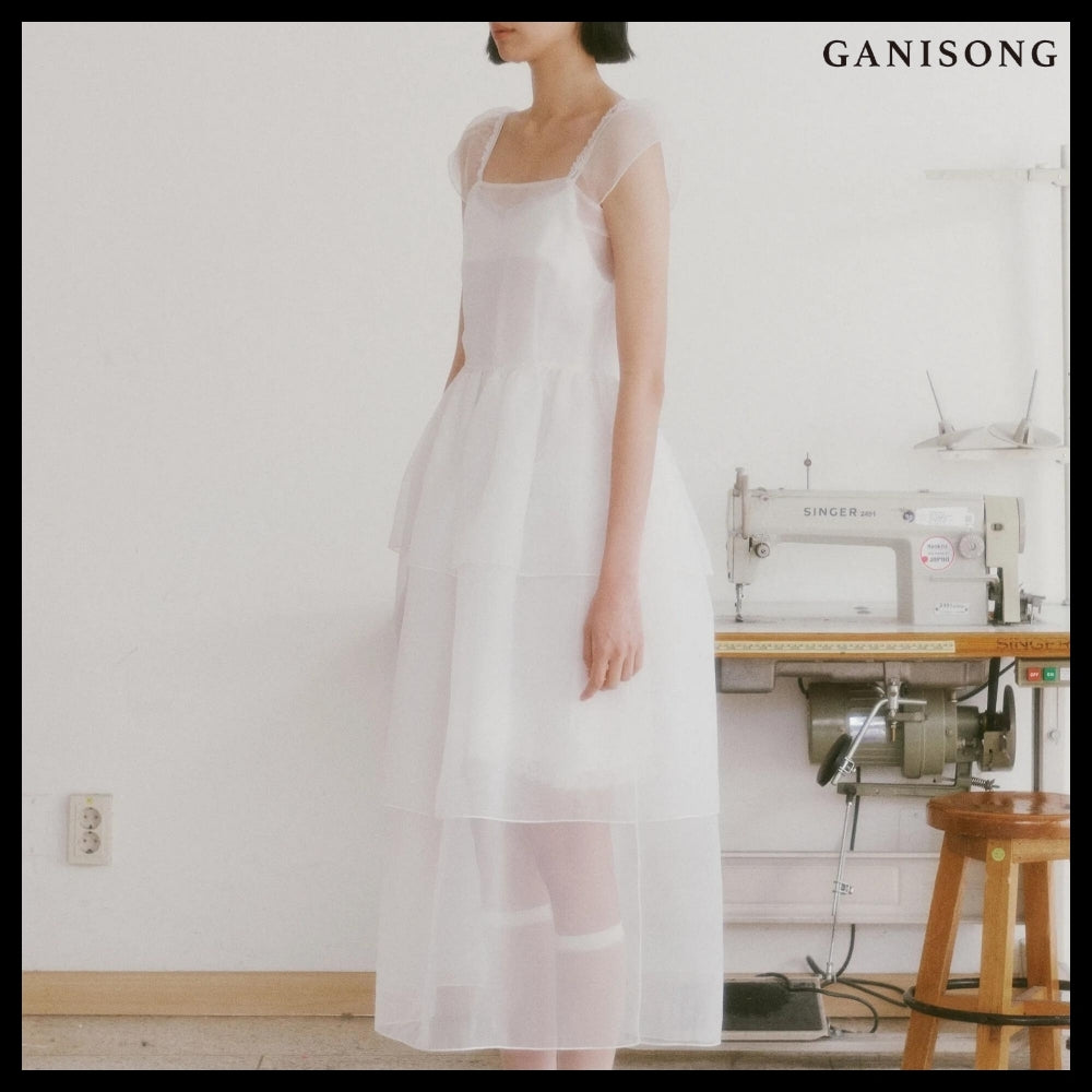 【GANISONG】Bridal Peony Tiered Dress White