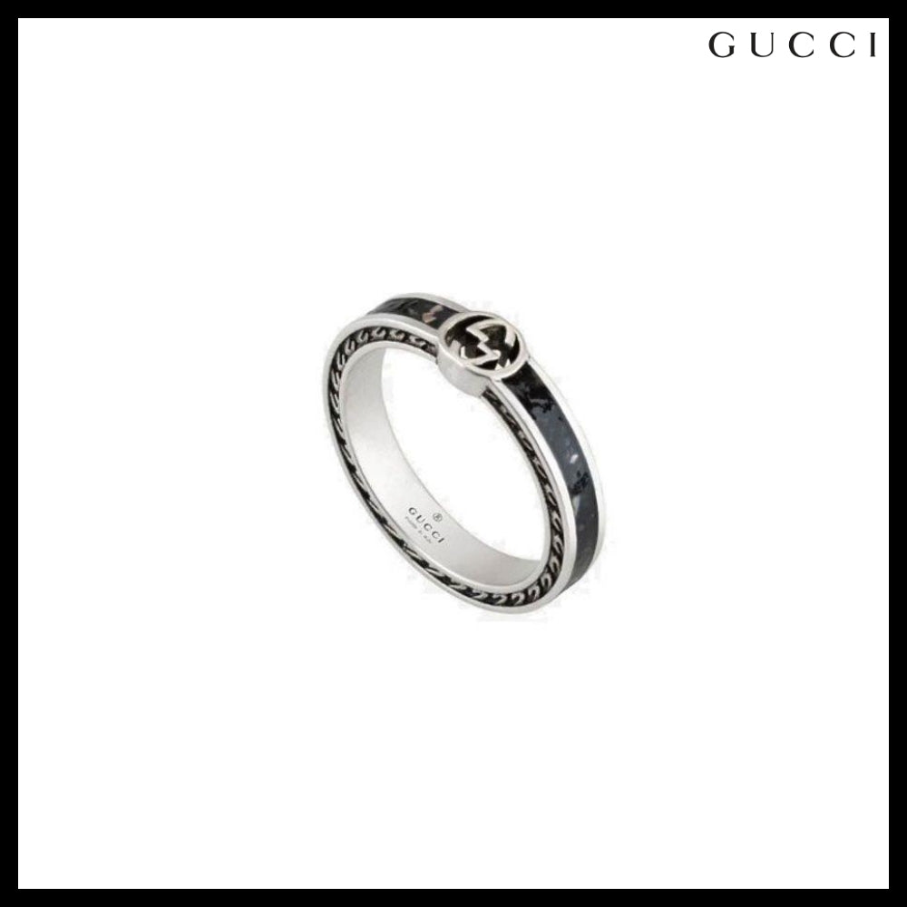 【GUCCI】 インターロッキング G メタル シルバー リング BLACK