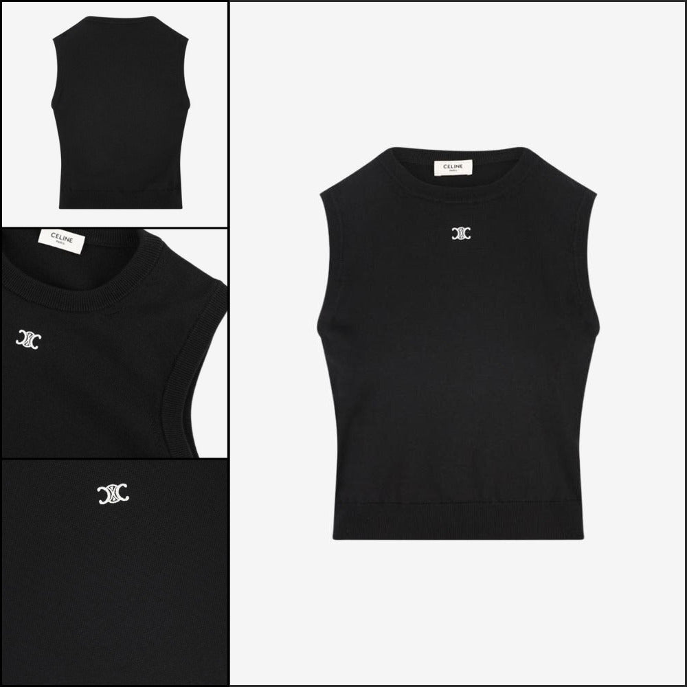 【CELINE】Triomphe Mini Logo Knit Vest Black Women