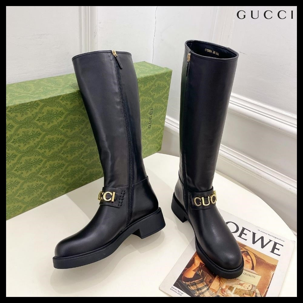 【GUCCI】Metal Logo Leather Zip Women's Long Boots Black