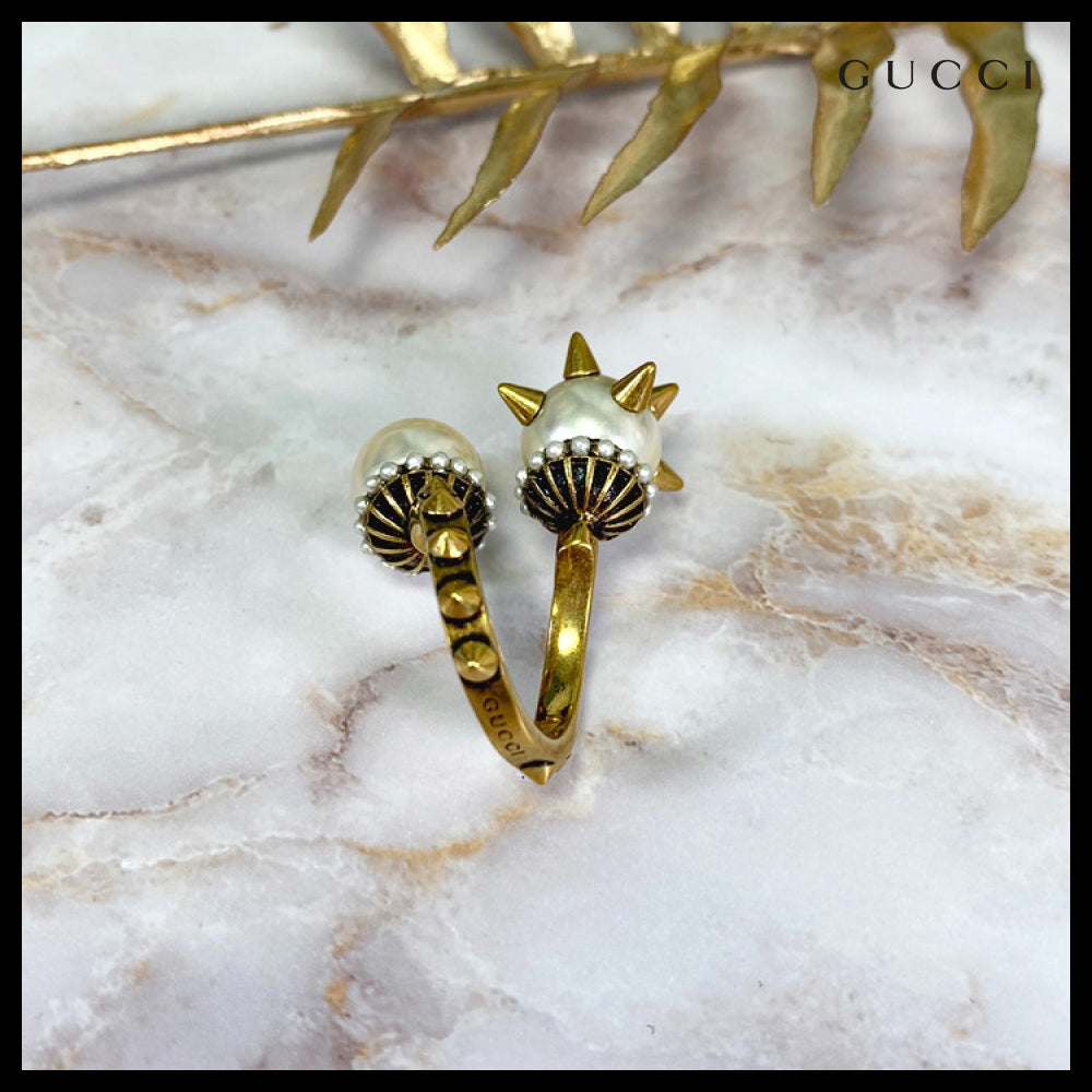 【GUCCI】Double Glass Pearl Stud Ring White Gold