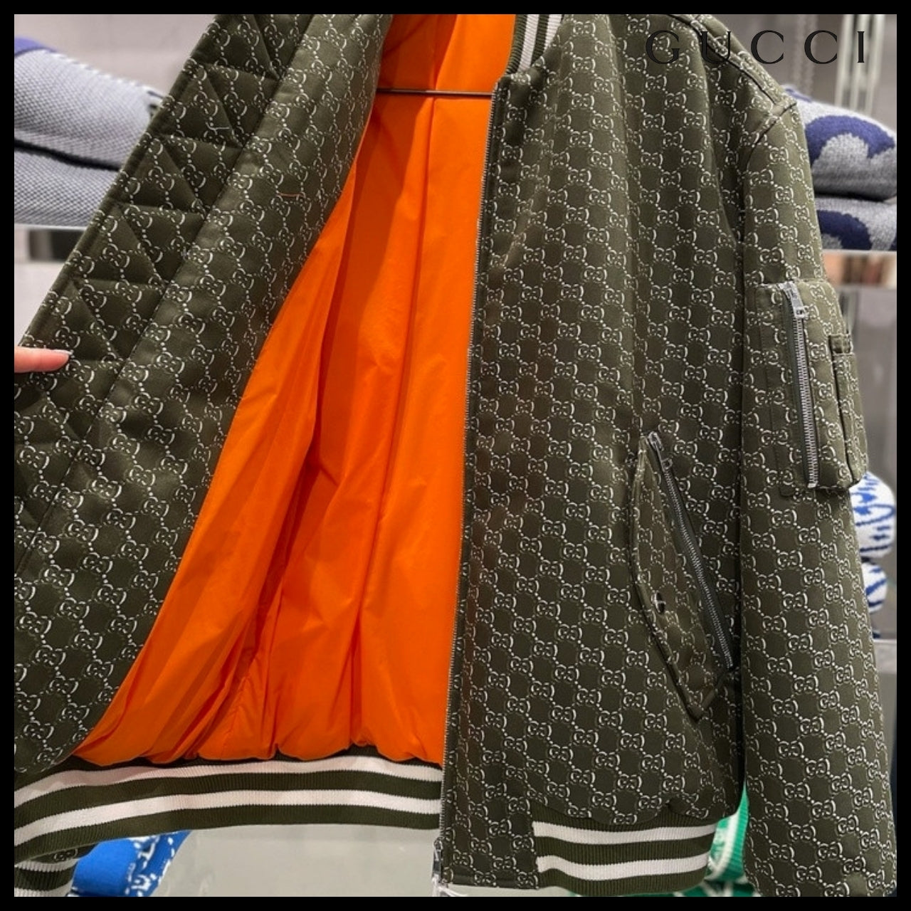 【GUCCI】GG Shadow Jacquard Cotton Bomber Jacket Green White