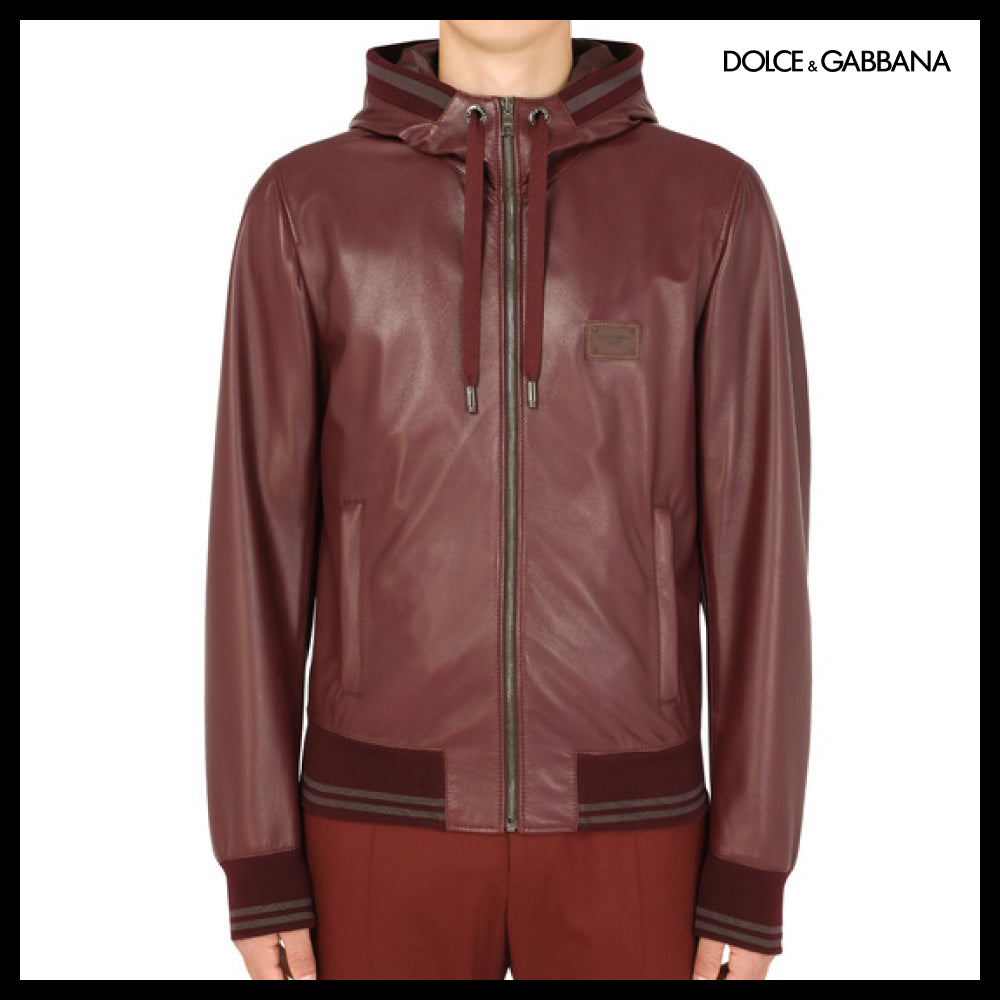 【Dolce & Gabbana】LEATHER JACKET WITH HOOD AND BRANDED TAG
