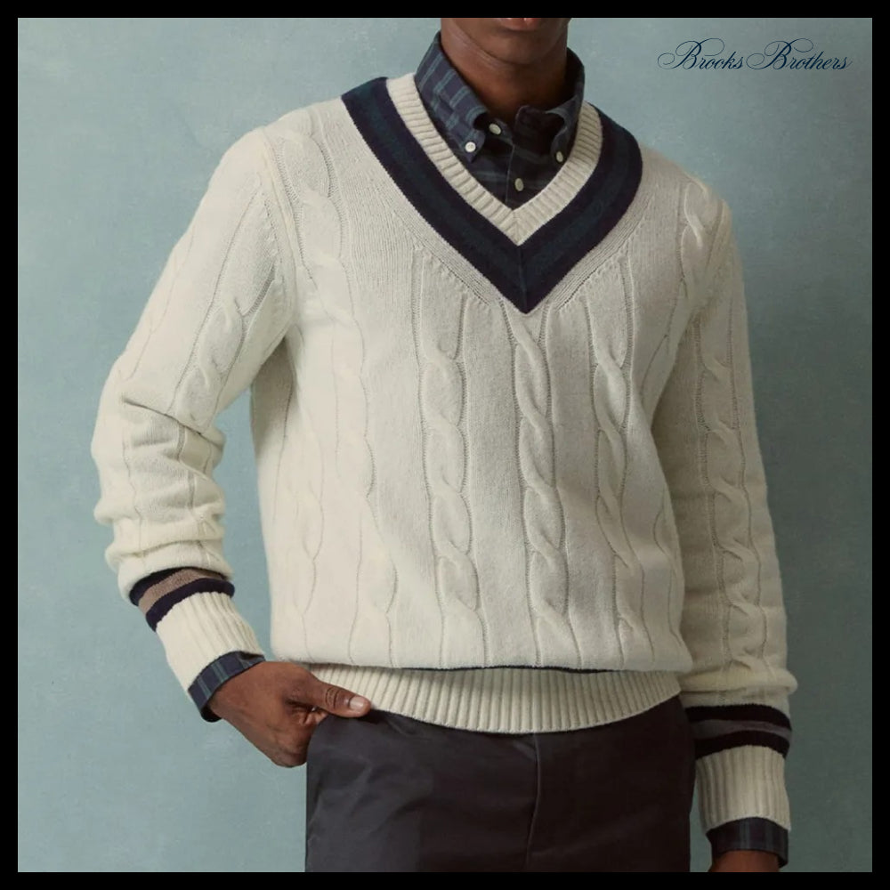 【Brooks Brothers】Wool Tennis Cable V-Neck Sweater Ivory
