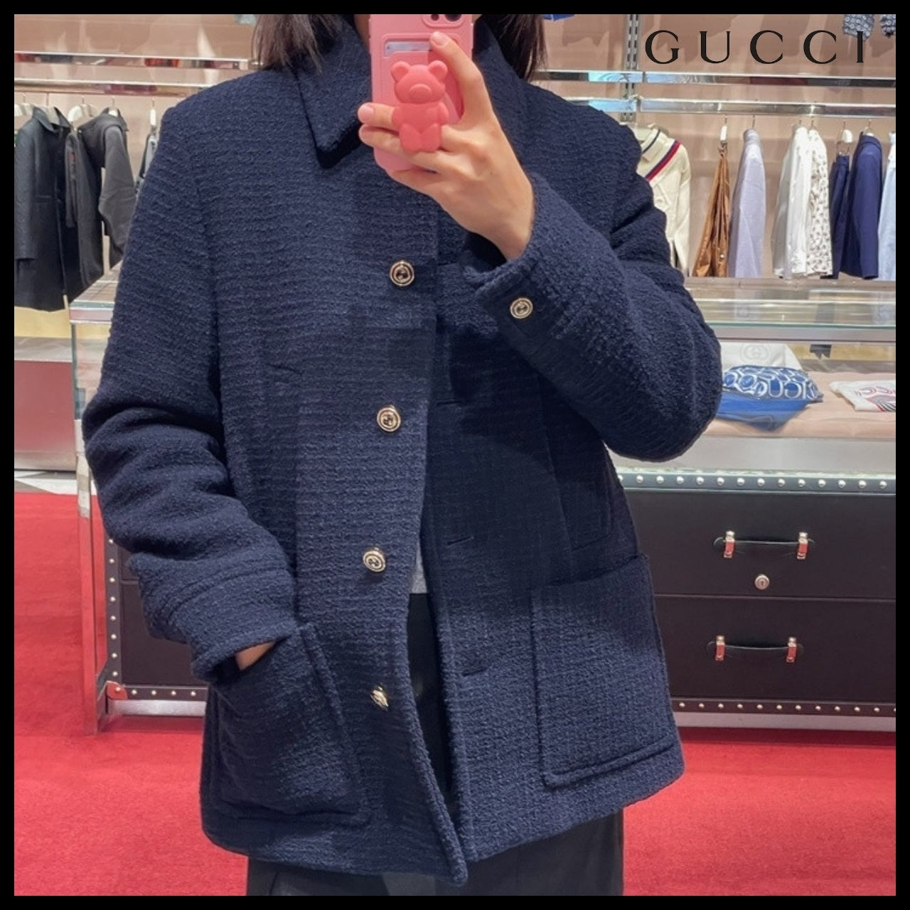 【GUCCI】Wool Blend Boucle Peacoat Jacket Night Sky