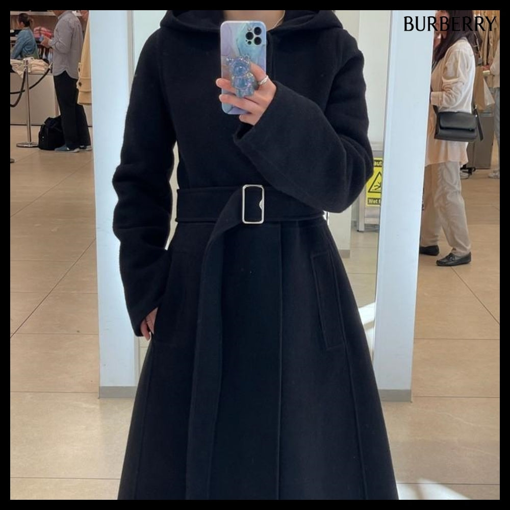 【Burberry】Women's Belted Wool Cashmere Hooded Coat Black