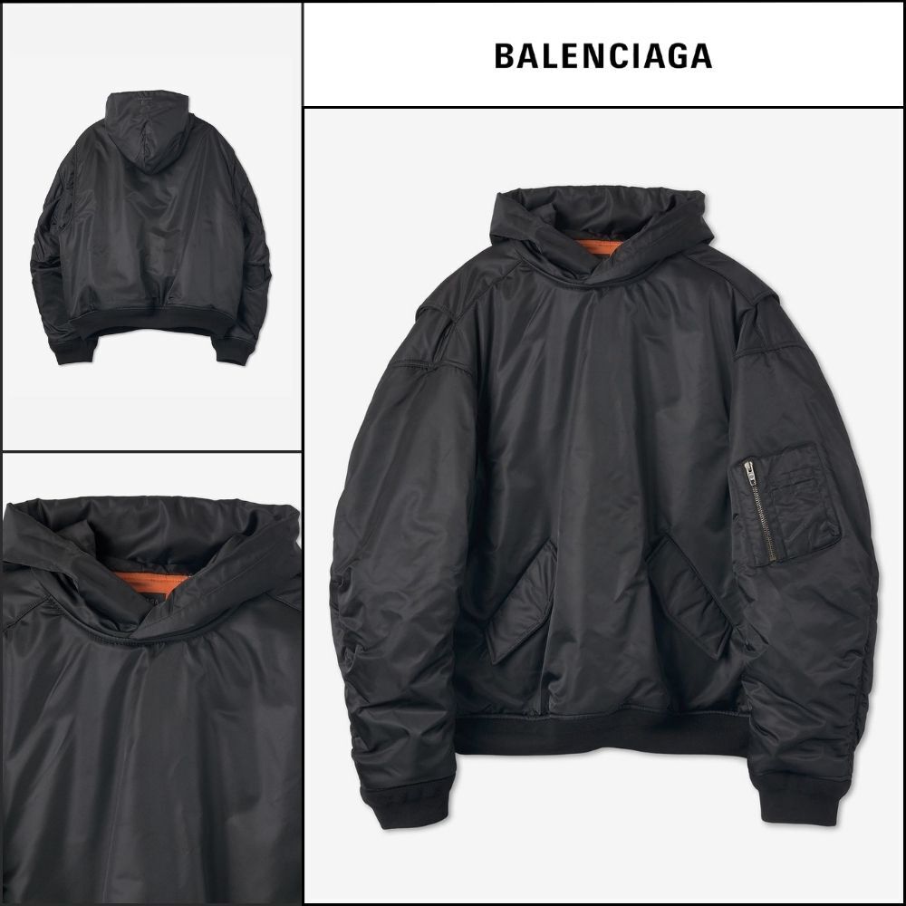 【BALENCIAGA】Sporty B Pullover Bomber Hooded Jacket Black