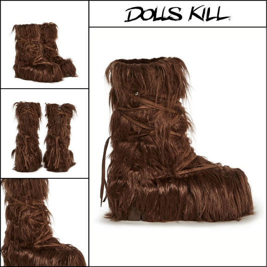 ◆DOLLS KILL◆DARKER WAVS Warp Faux Fur Boots Brown