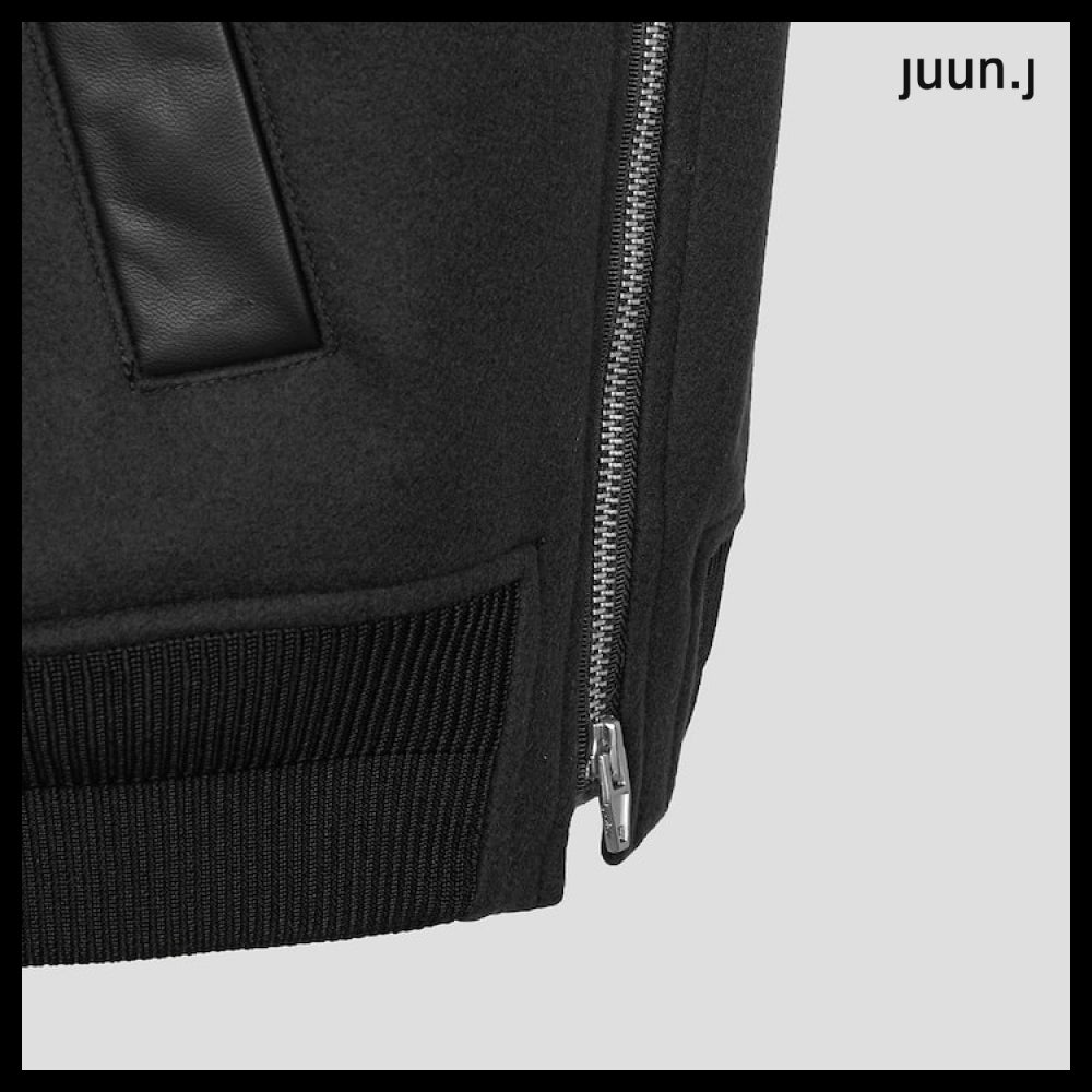 【JUUN.J】Leather Sleeve Varsity Jumper Gray