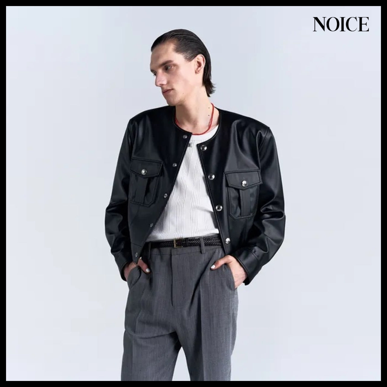 【NOICE】M Pure Collar Leather Jacket Black