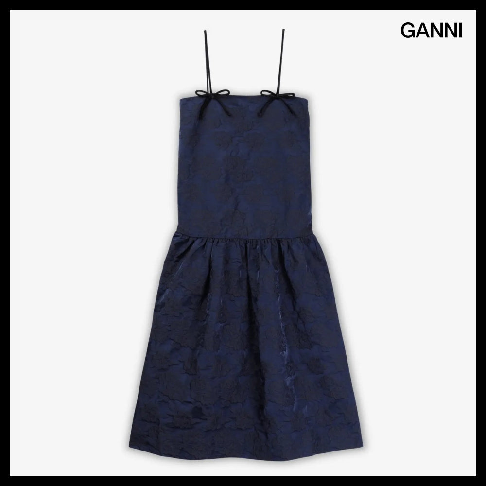 【Ganni】Botanical Jacquard Strap Midi Dress Peacoat