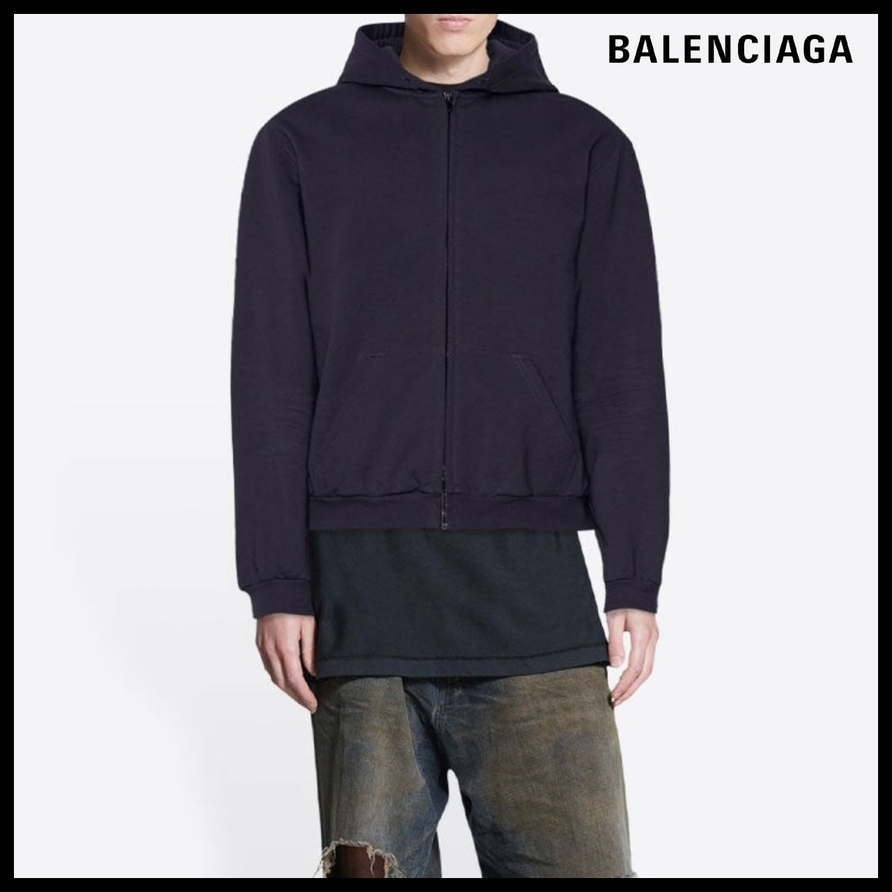 【BALENCIAGA】Tab Worn-Out Zip-Up Hoodie Black