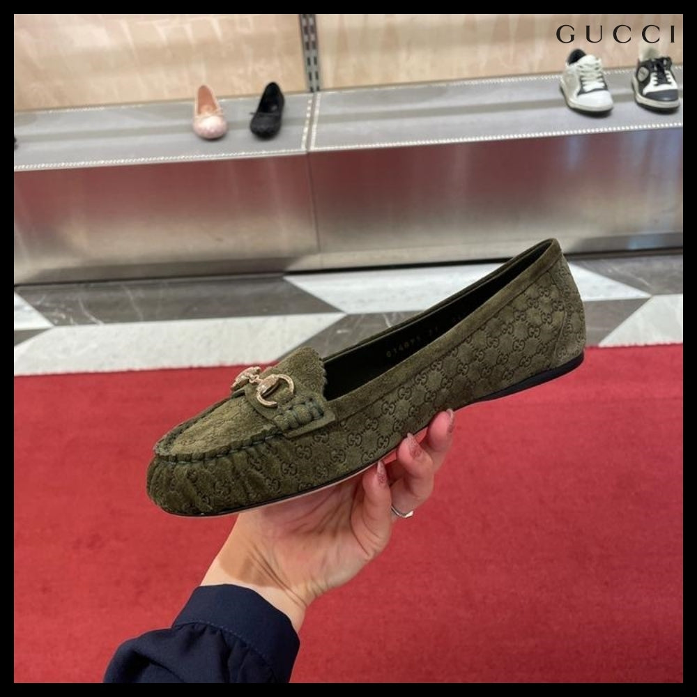 【GUCCI】Kensington GG Horsebit Suede Ballerina Flats Khaki