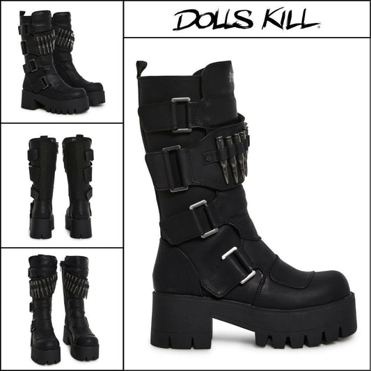 ◆DOLLS KILL◆DARKER WAVS Warp Bullet Combat Boots Black
