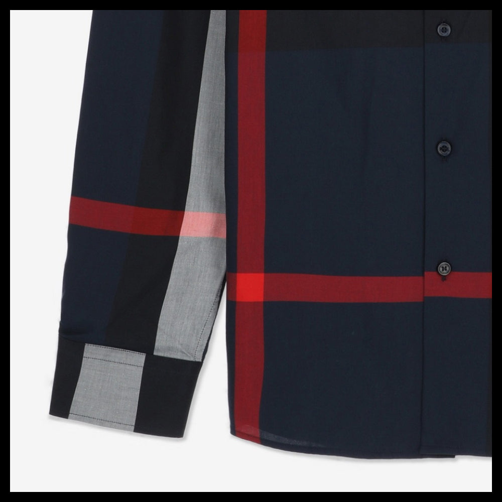 【Burberry】Check Cotton Slim Fit Shirt Navy