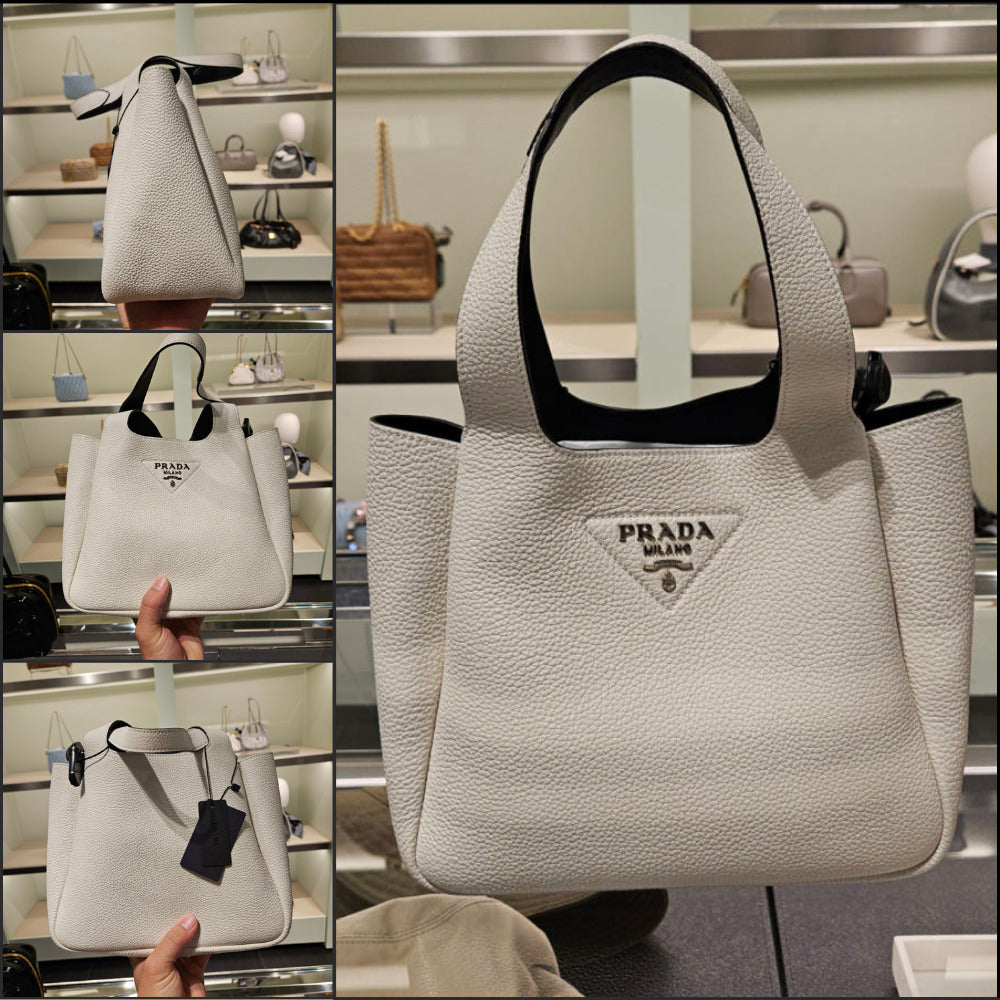 【PRADA】Sequsilver-tone logo daino leather tote bag white