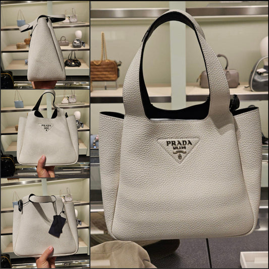 【PRADA】Sequsilver-tone logo daino leather tote bag white