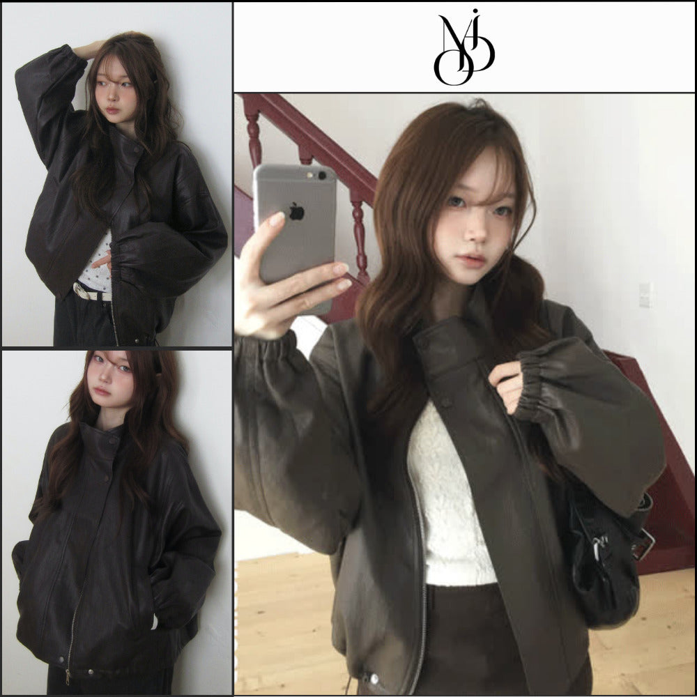 【MODIMOOD】Purple High Neck Leather Jacket 3 Colors