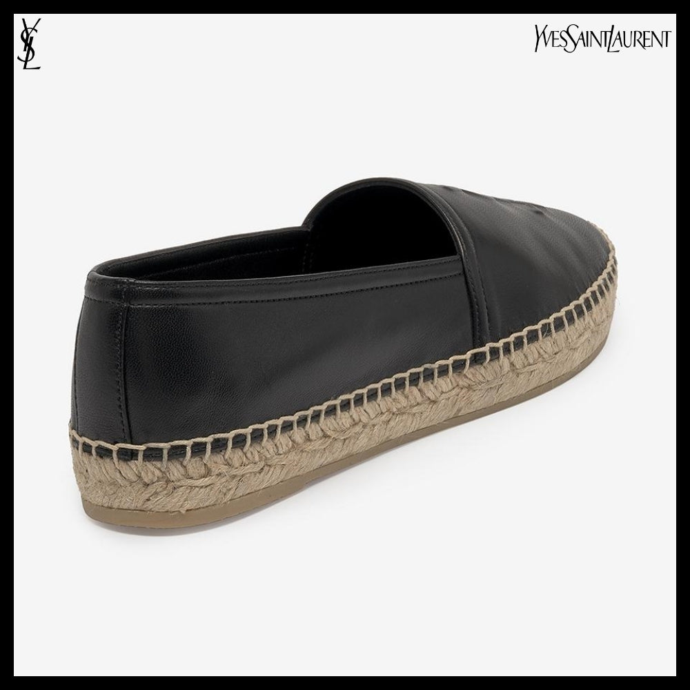 【Saint Laurent】Embossed Monogram Leather Espadrilles Black