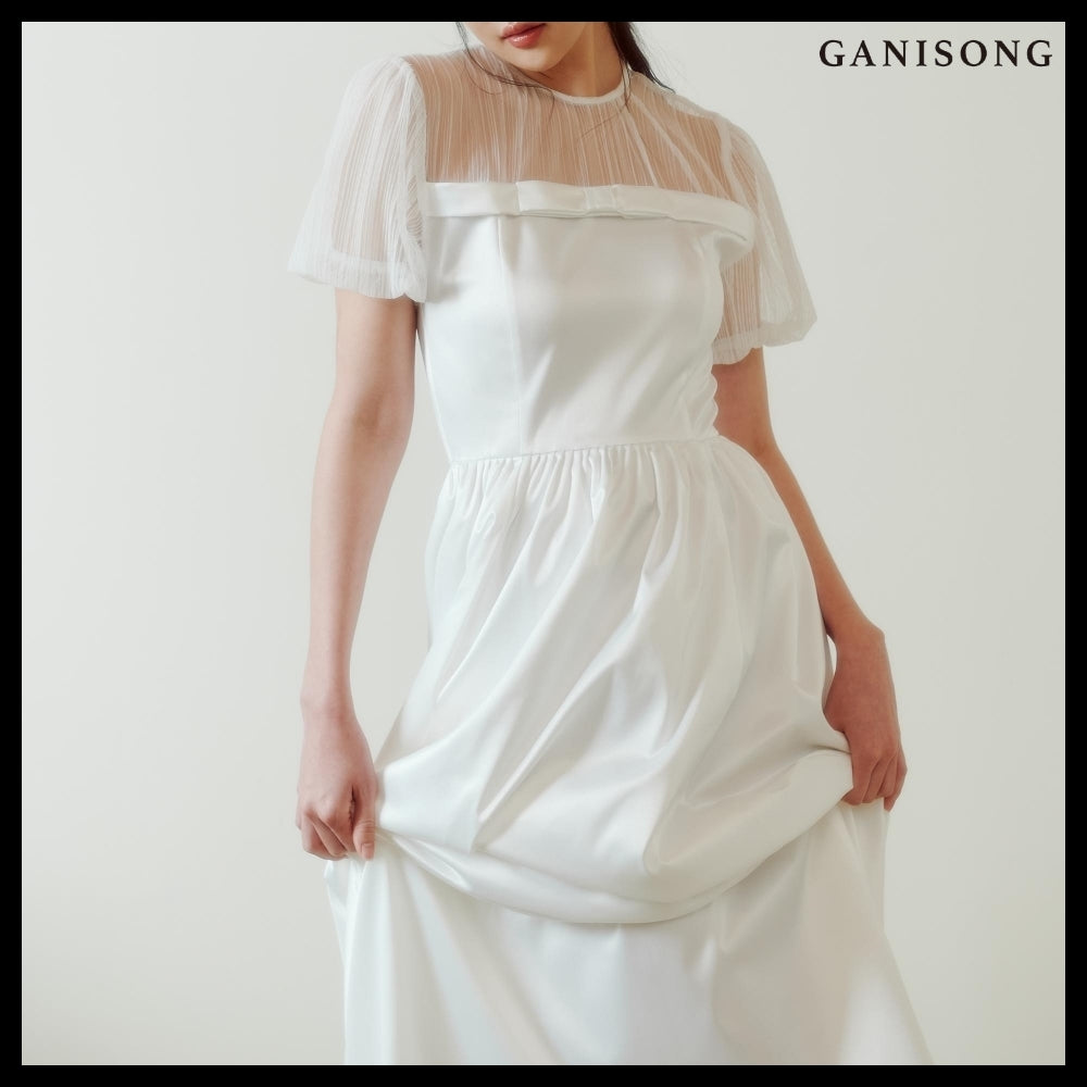 【GANISONG】Bridal Sheer Ribbon Line Dress White