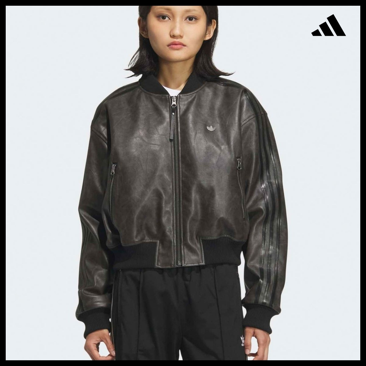 【ADIDAS】Crop Black Leather Jacket Moto Style Jacket