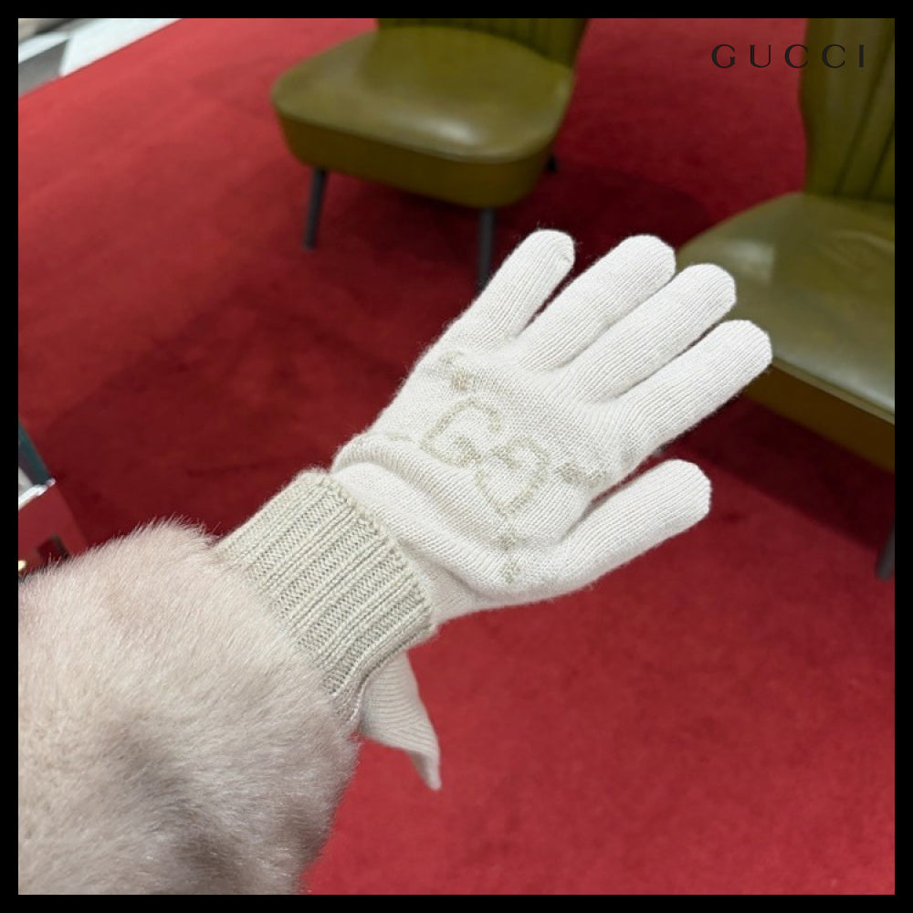 【GUCCI】GG Jacquard Cashmere Knit Gloves Off White