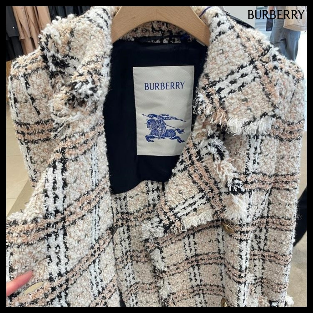 【Burberry】Check Boucle Belted Long Coat String Fossil