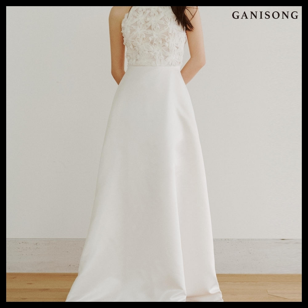 【GANISONG】Bridal Fluffy Rose Halterneck Dress White