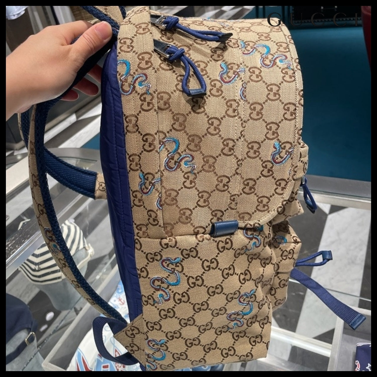 【GUCCI】GG Snake Canvas Medium Backpack Beige Ebony