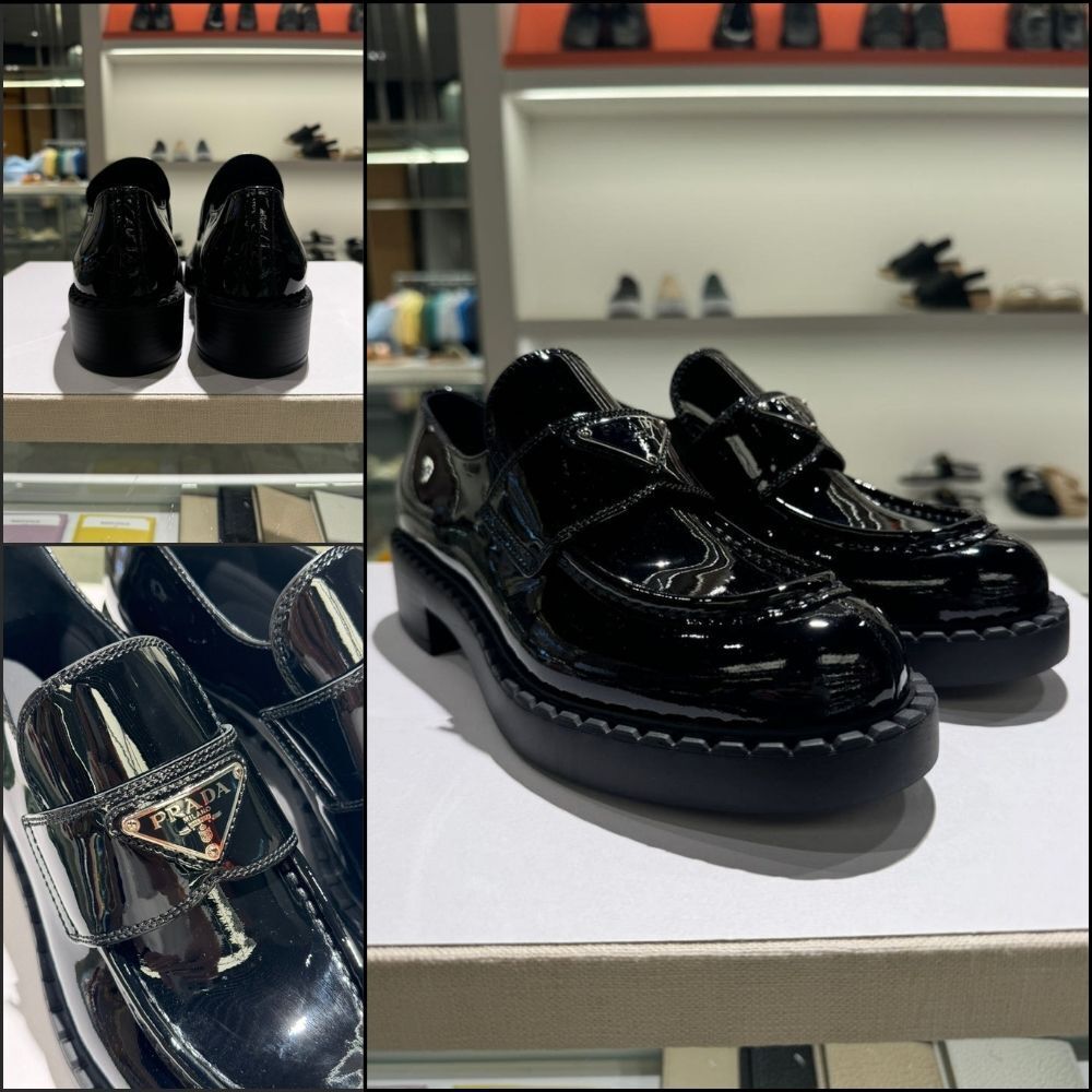 【PRADA】Chocolate Triangle Logo Brushed Leather Loafers