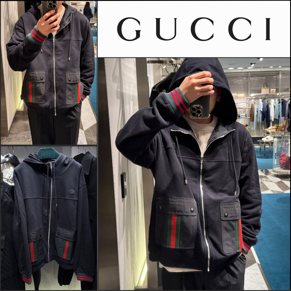 【GUCCI】Web Pocket Felted Cotton Jersey Hooded Jacket Black
