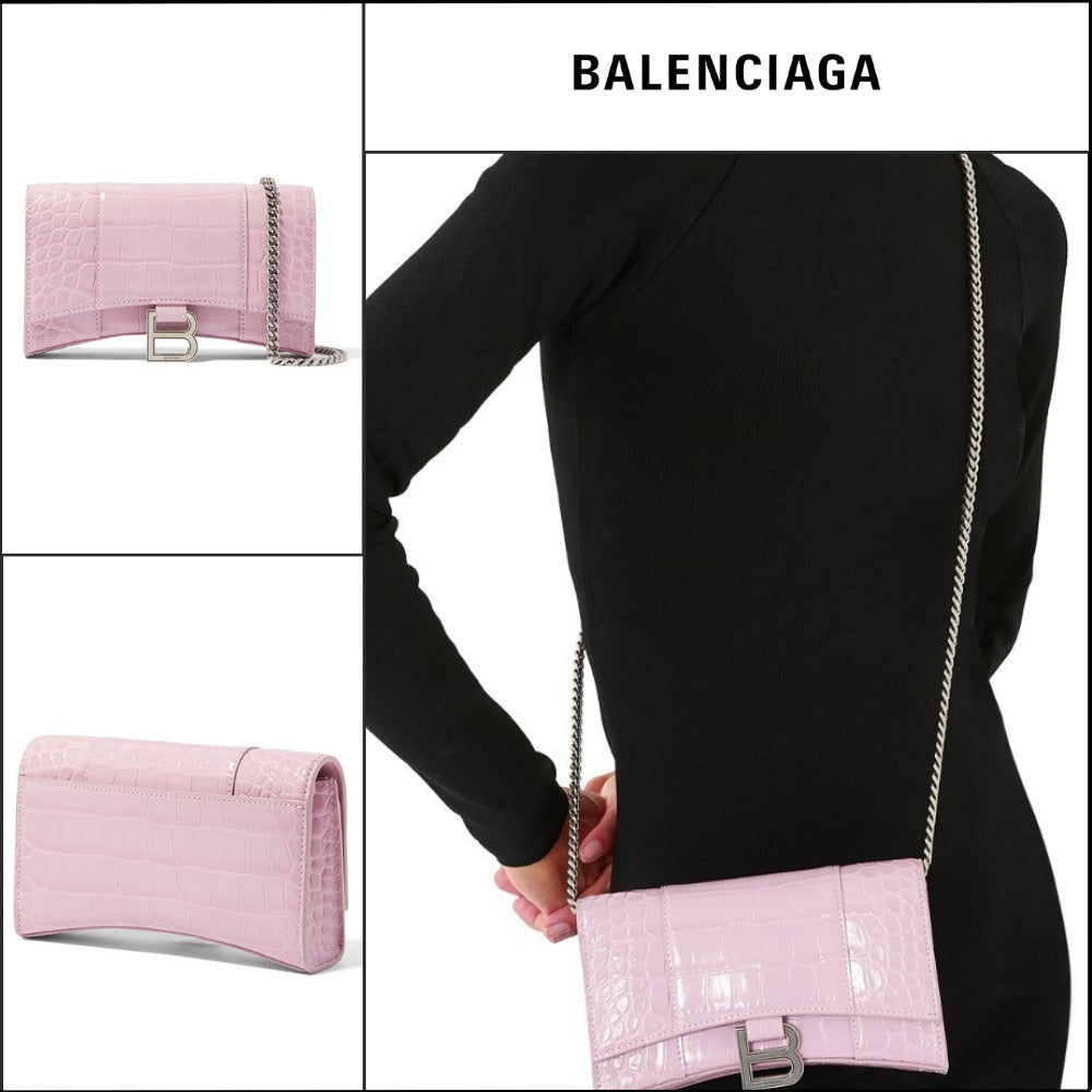 【BALENCIAGA 】Hourglass Wallet On Chain Crocodile Embossed