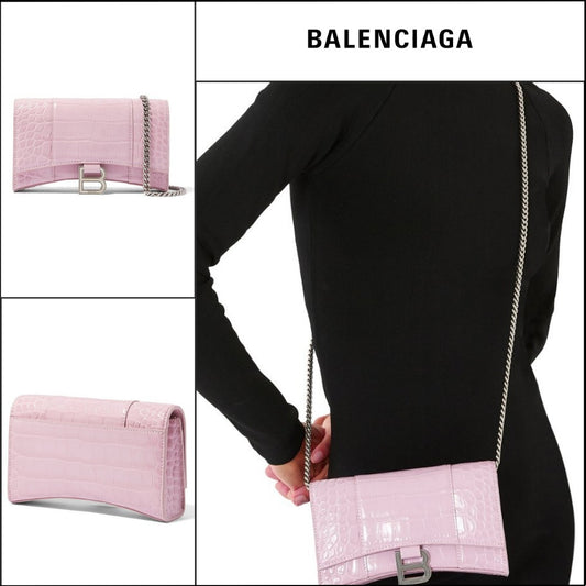 【BALENCIAGA 】Hourglass Wallet On Chain Crocodile Embossed