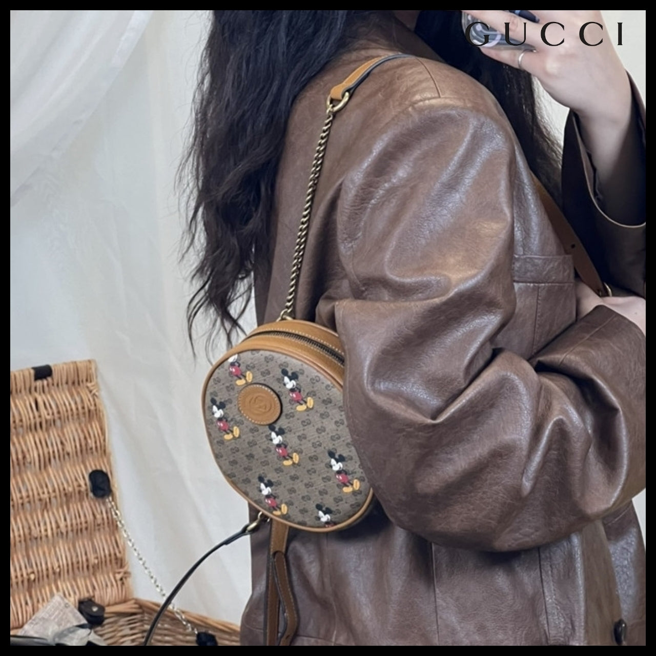 【GUCCI x Disney 】GG Mickey Mouse Print Round Chain