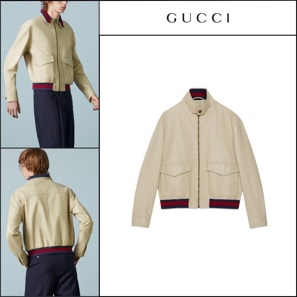 【GUCCI】Leather Bomber Jacket Beige
