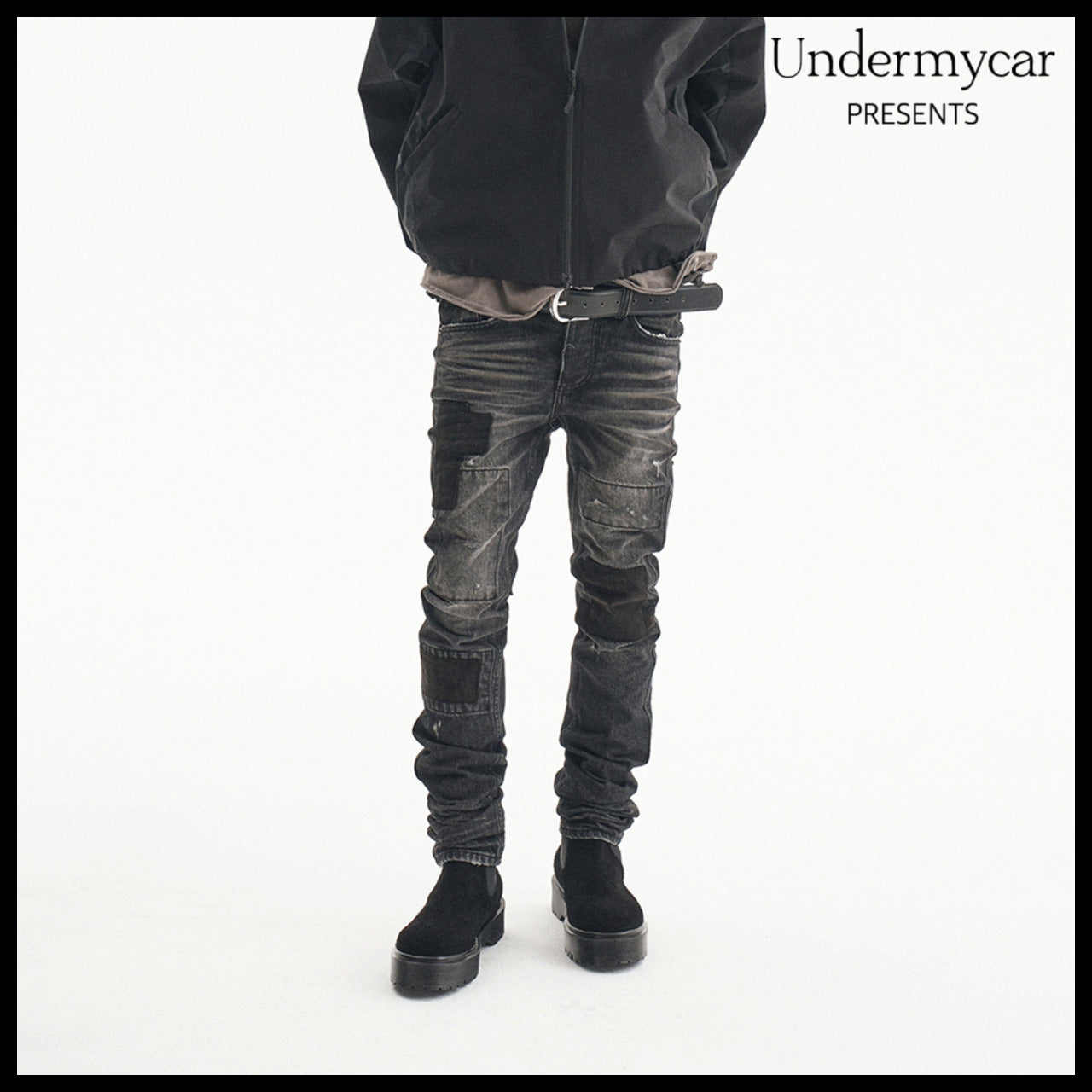 【Undermycar】Notre Dame Patched Grunge Slim Jeans Washed