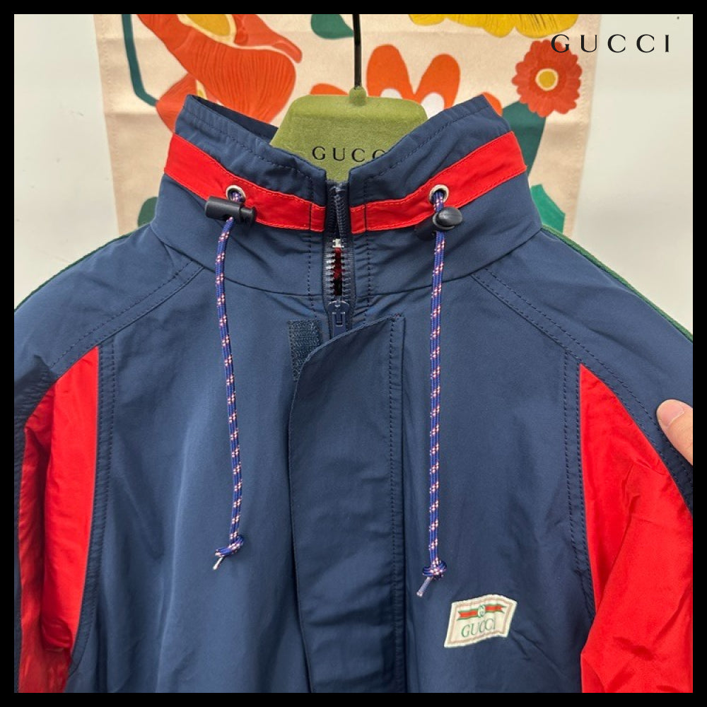 【GUCCI】Web Stripe Logo Patch Cotton DrawstringHoodedJacket