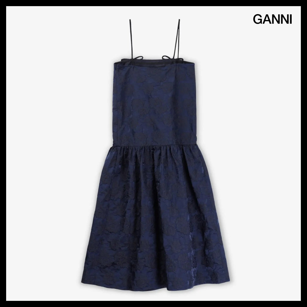 【Ganni】Botanical Jacquard Strap Midi Dress Peacoat