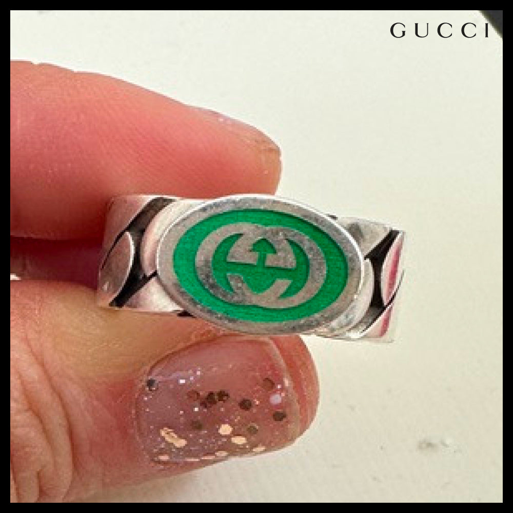 【GUCCI】Interlocking Enamel Chain Ring Green
