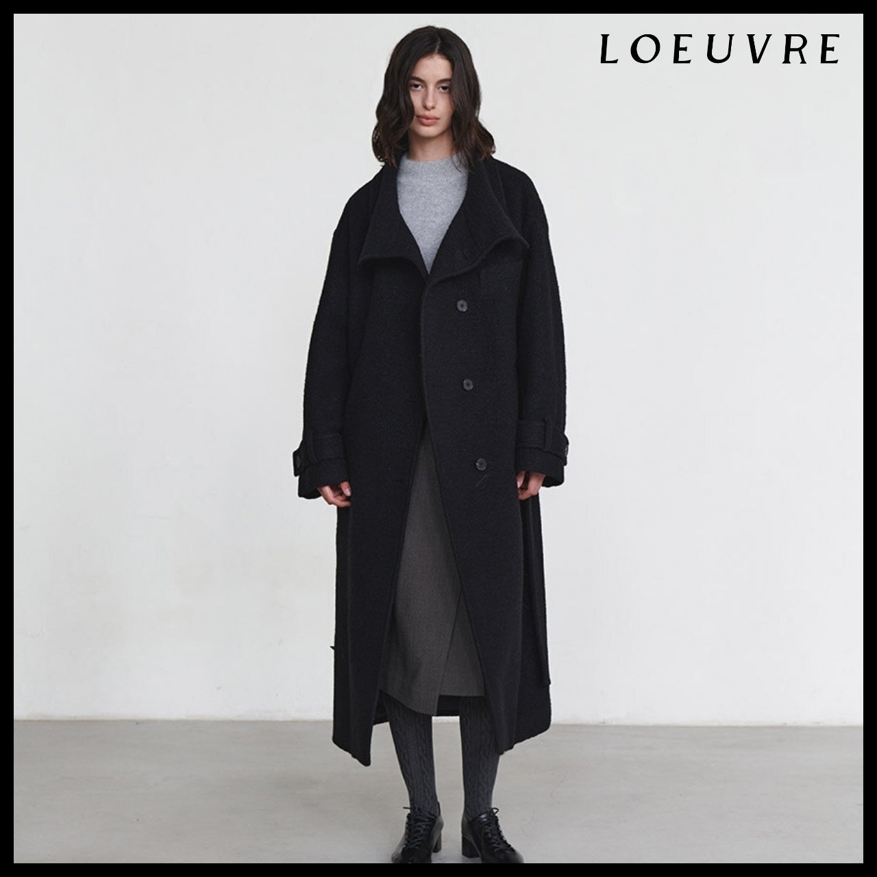 【LOEUVRE】Belted High-Neck Long Coat 3Colors