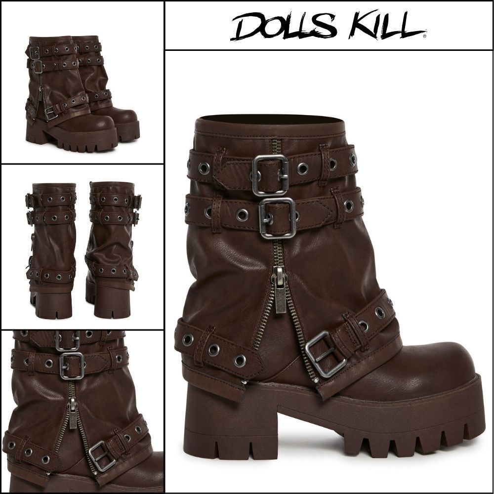 ◆DOLLS KILL◆DARKER WAVS Warp Combat Boots Brown
