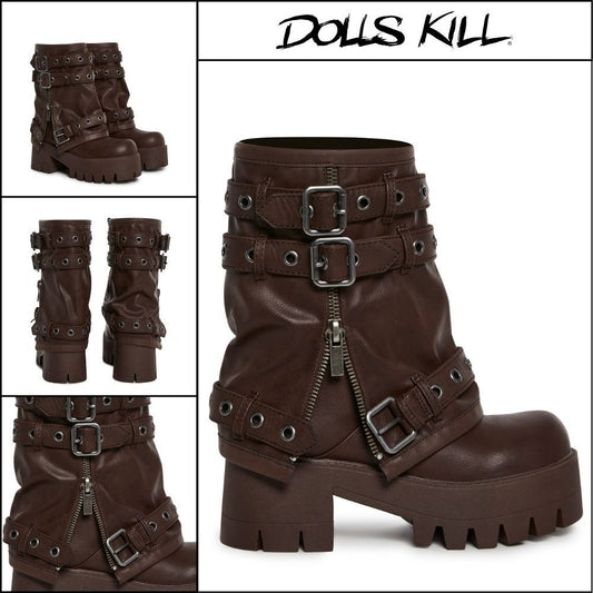 ◆DOLLS KILL◆DARKER WAVS Warp Combat Boots Brown