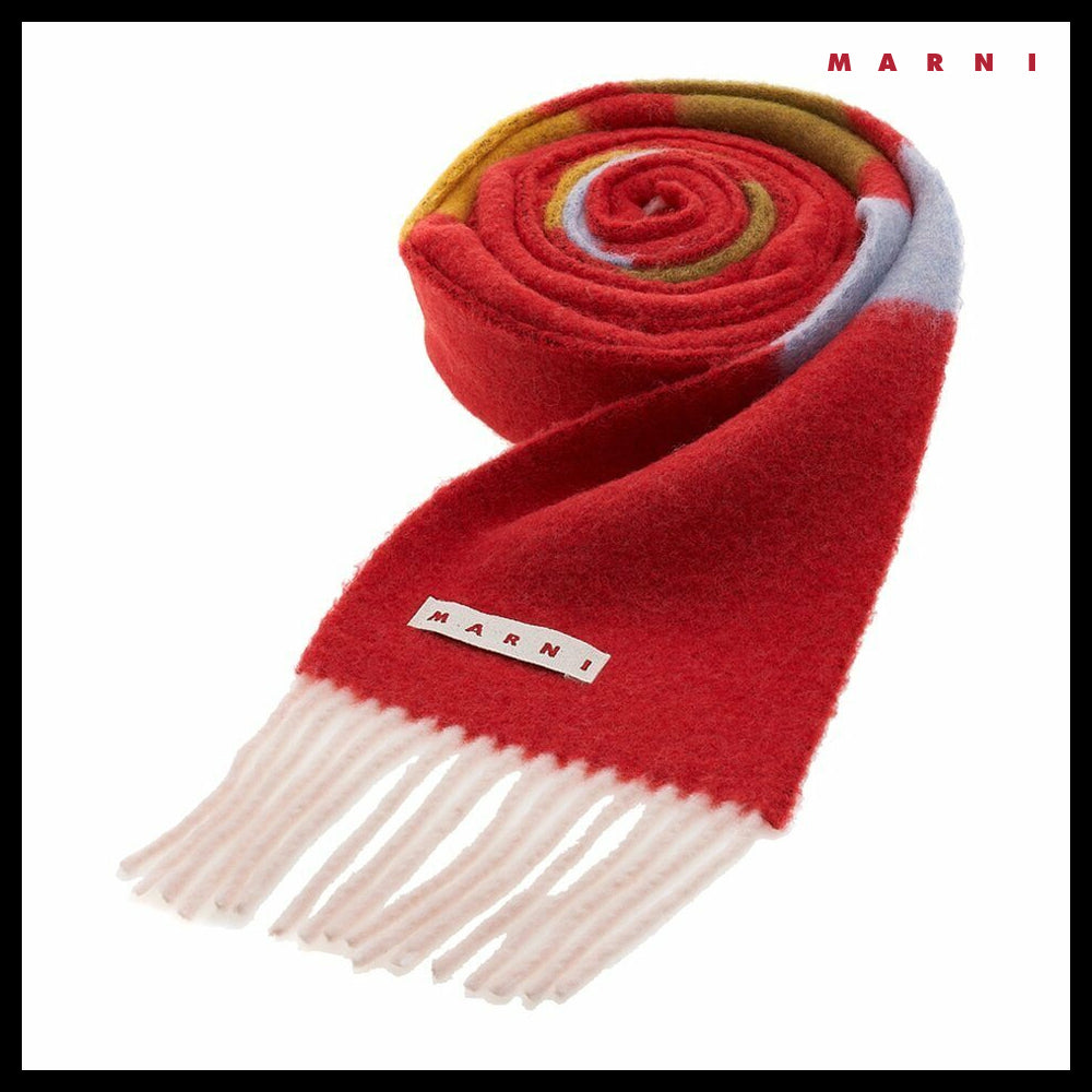 【MARNI】Color Block Long Wool-Alpaca Blend Fringe Muffler