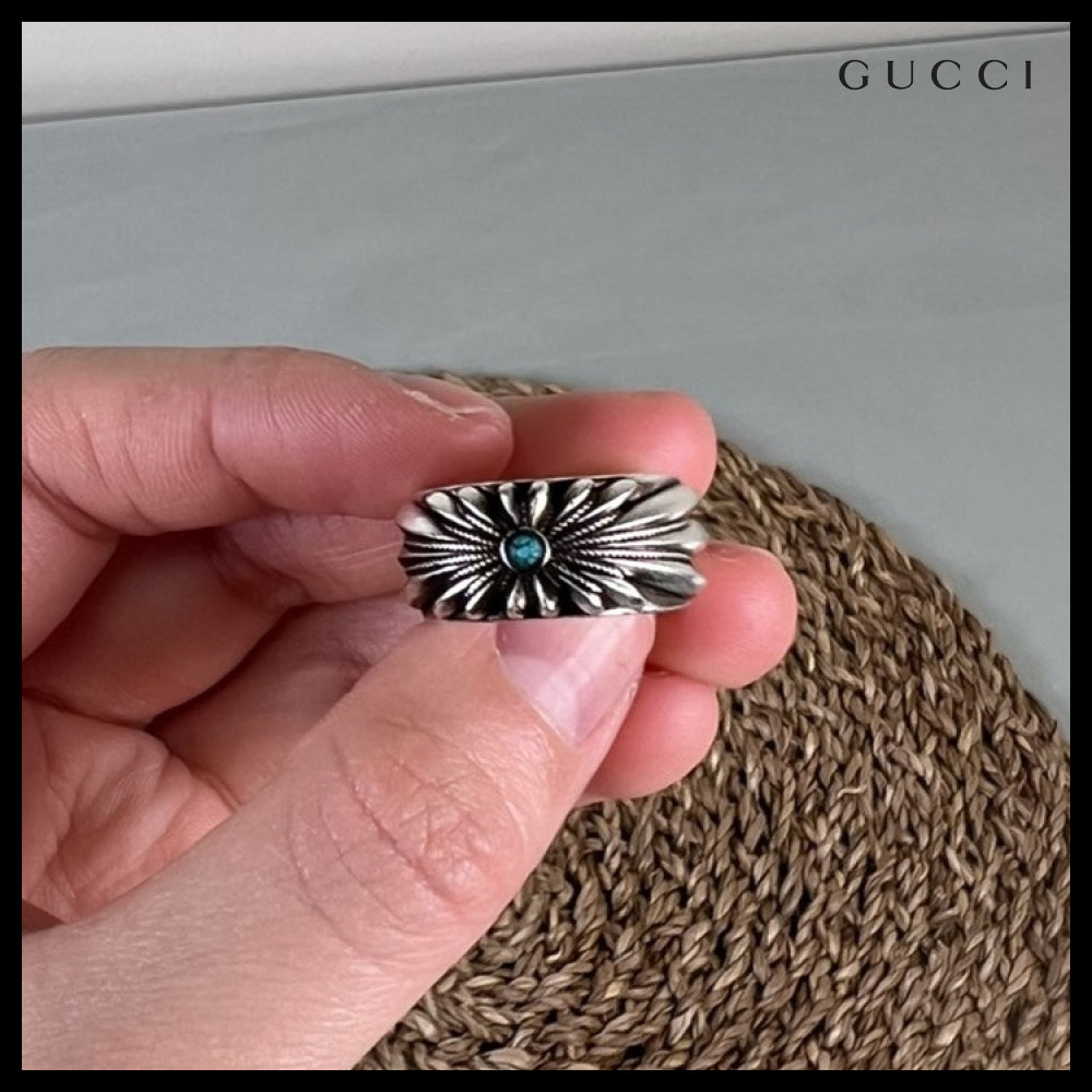【GUCCI】Interlocking G Engraved Flower Sterling Ring Silver
